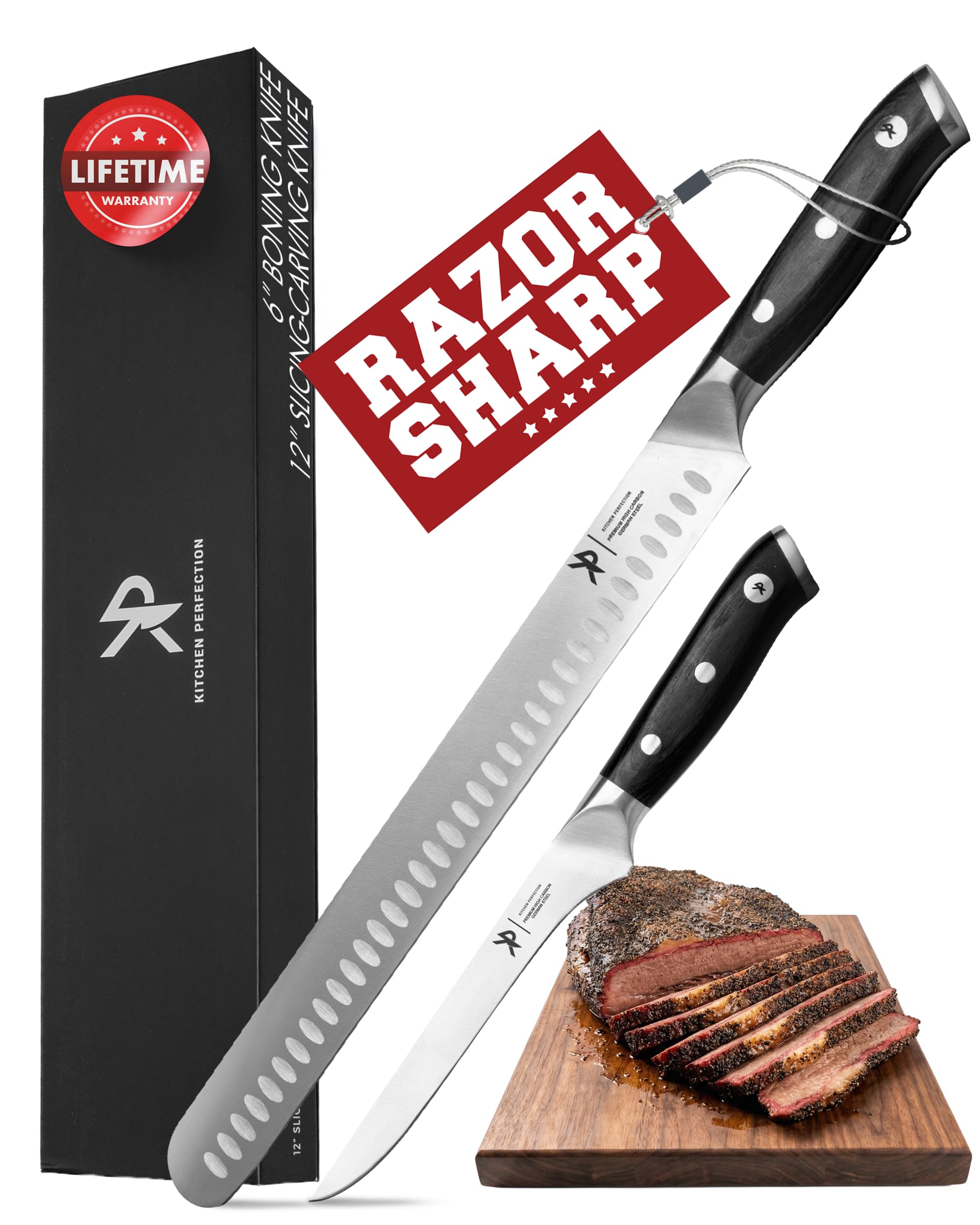 Kitchen Perfection brisket knife 12-inch blade for clean, professional slicing.