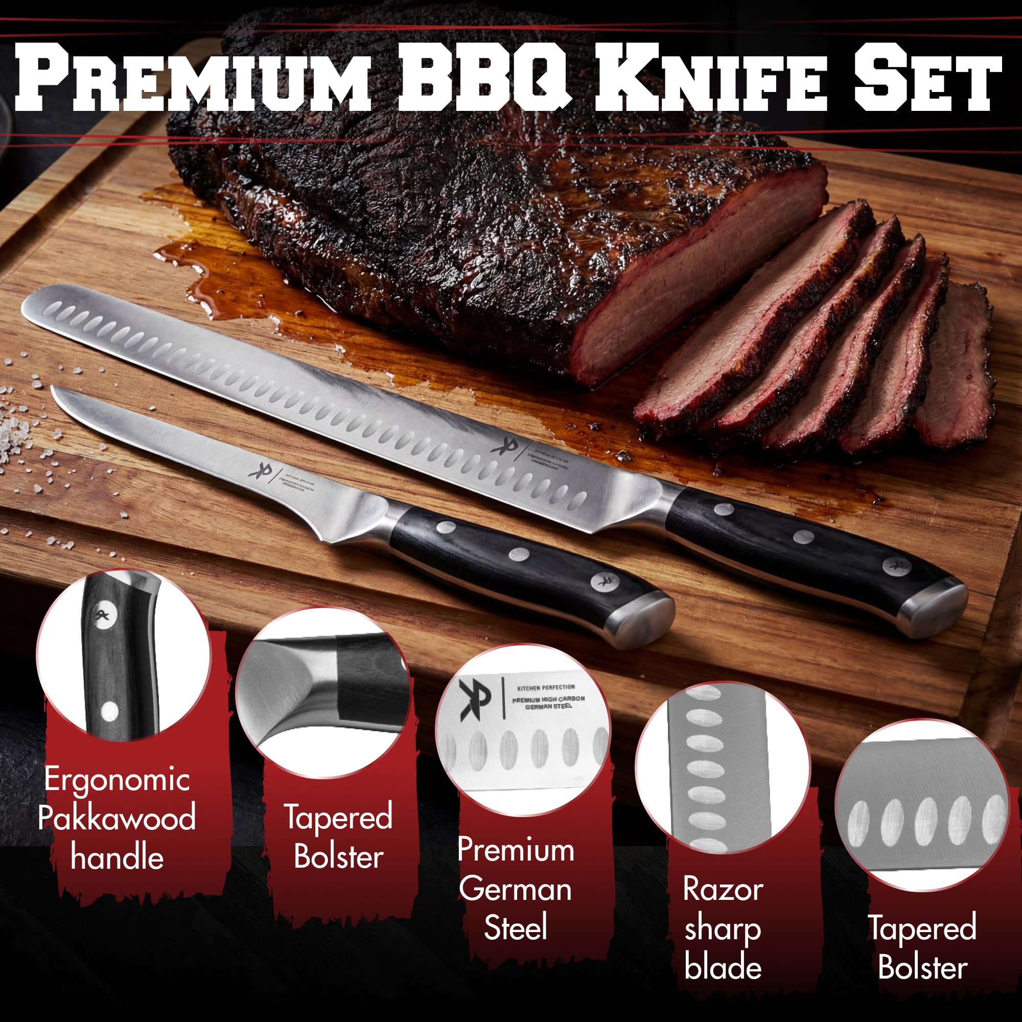 Kitchen Perfection Granton-edge brisket knife delivers smooth, frictionless slicing.