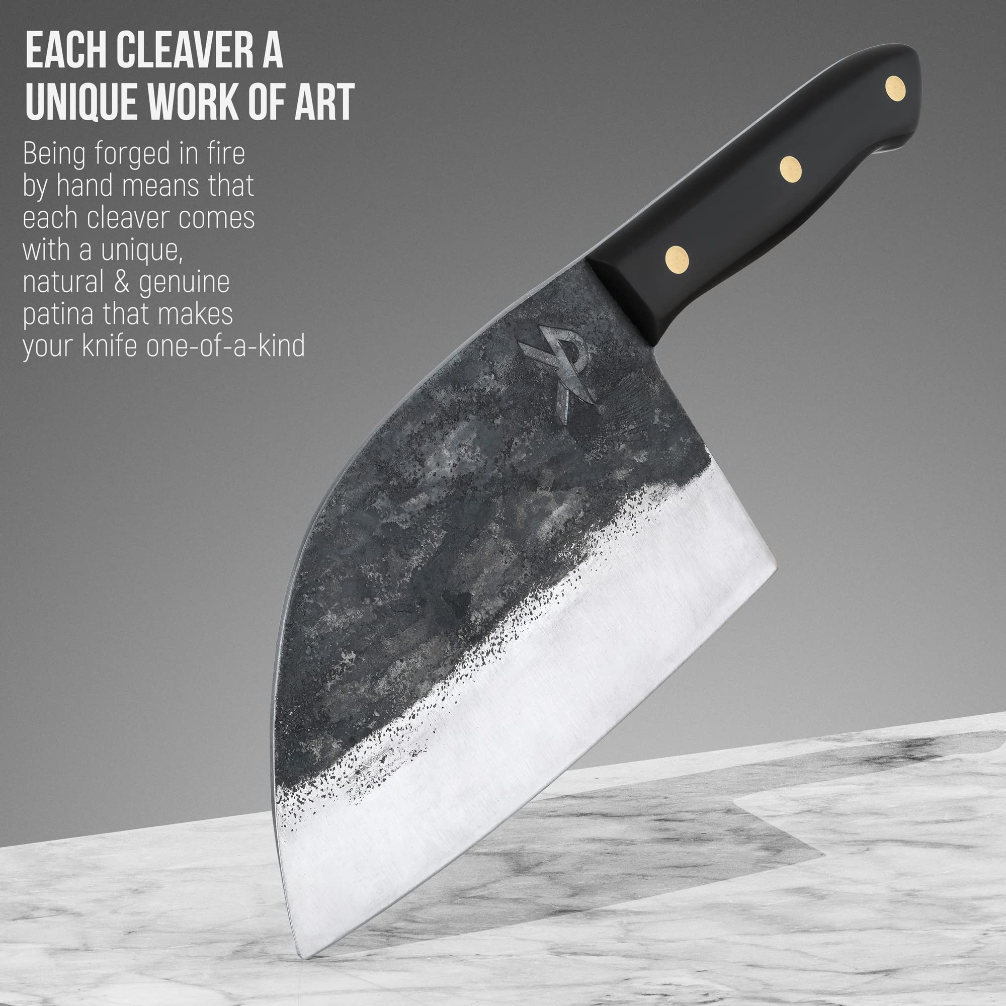Kitchen Perfection ergonomic design helps control during heavy meat chopping