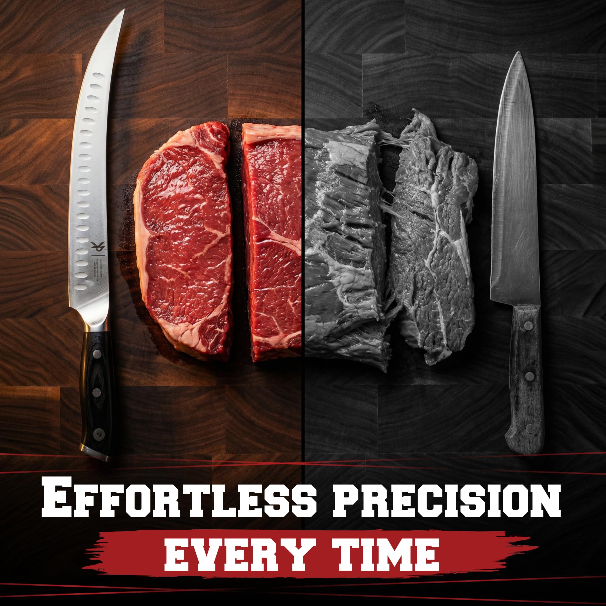 Kitchen Perfection full-tang wood handle for durable grip.