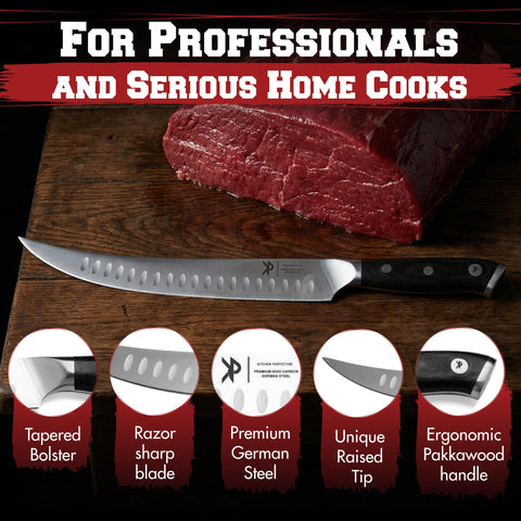 Kitchen Perfection granton-edge reduces sticking for smoother slicing.
