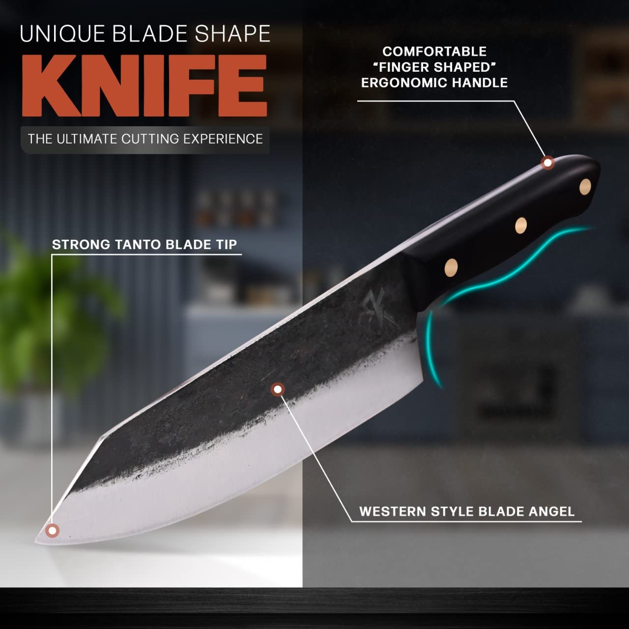 Kitchen perfection high-carbon steel blade with edge retention for long-lasting sharpness.