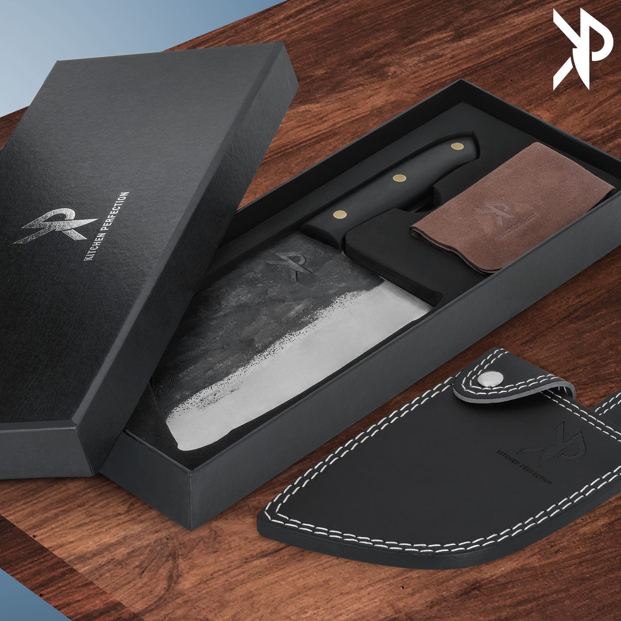Kitchen perfection leather sheath protects the blade during storage.