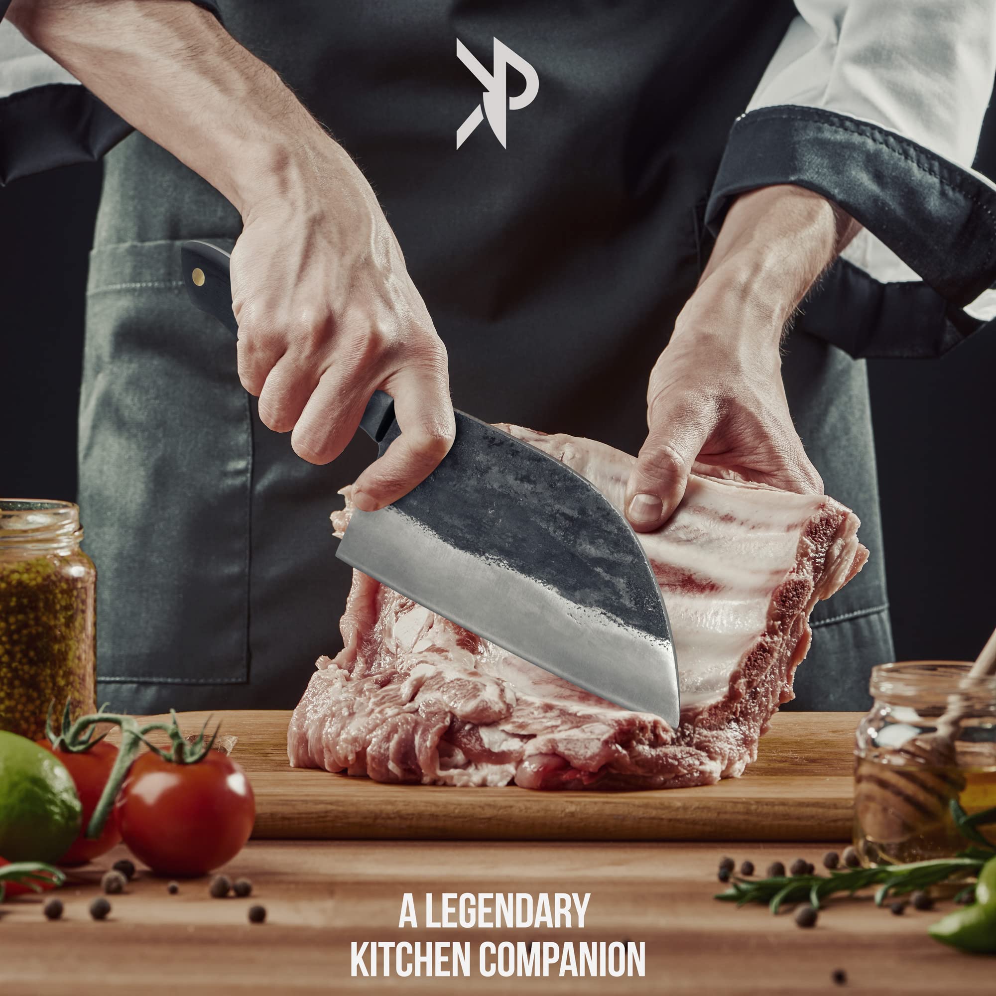Kitchen perfection meat cleaver in action chopping meat for easy portioning.