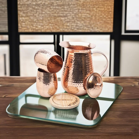 Kitchen Science copper water pitcher patina aging adds rustic character.