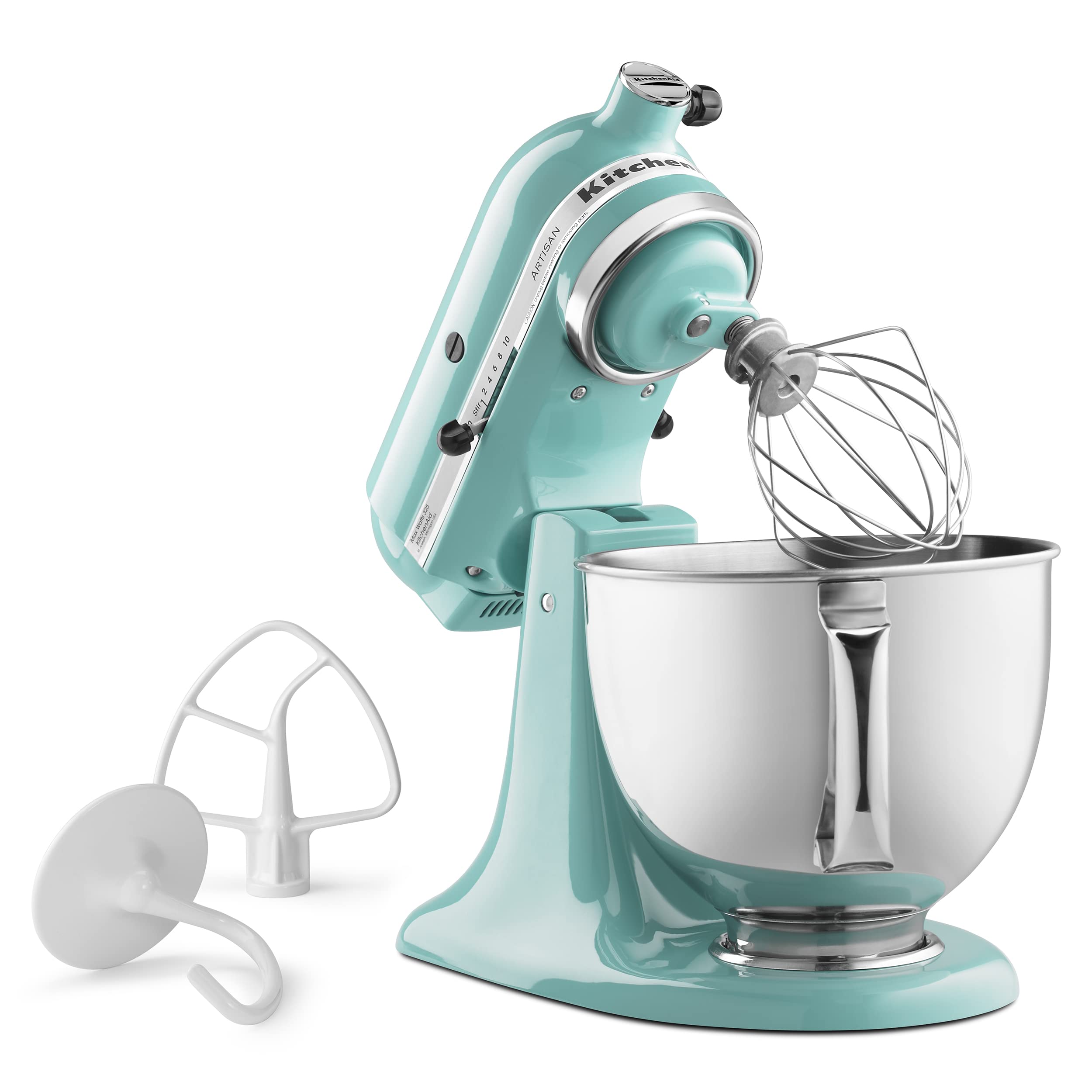 KitchenAid Artisan 5-Qt Tilt-Head Mixer Aqua Sky with attachments ready for versatility.
