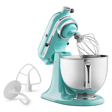 KitchenAid Artisan 5-Qt Tilt-Head Mixer Aqua Sky with attachments ready for versatility.