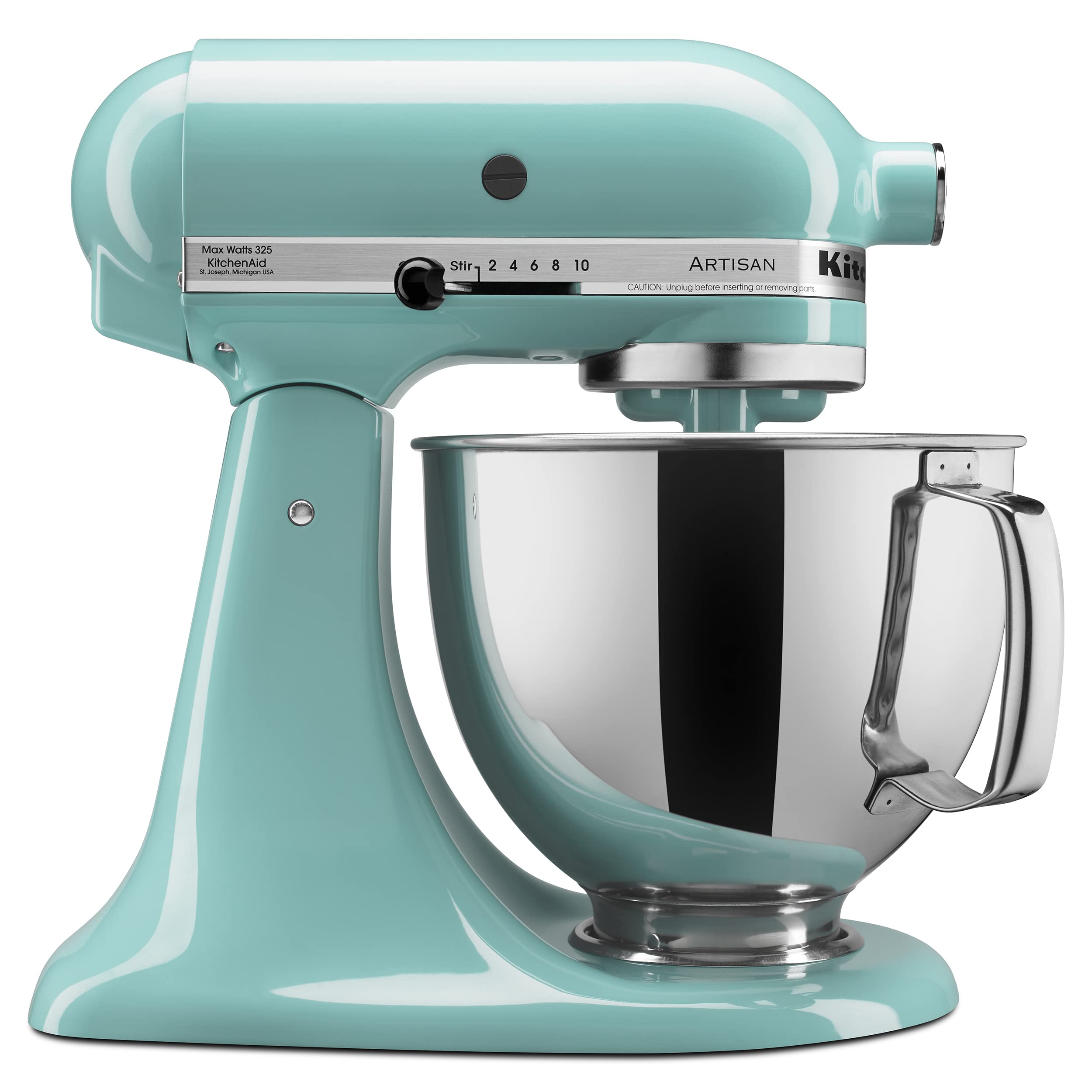 KitchenAid Artisan 5-Qt Tilt-Head Mixer Aqua Sky bowl close-up, stainless steel durability.