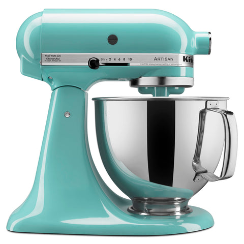 KitchenAid Artisan 5-Qt Tilt-Head Mixer Aqua Sky bowl close-up, stainless steel durability.