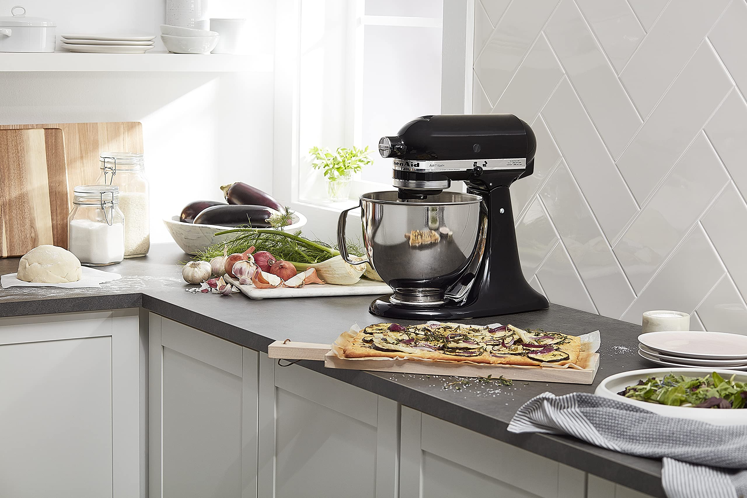 Flat beater positioned for dough kneading and batter mixing on KitchenAid Artisan