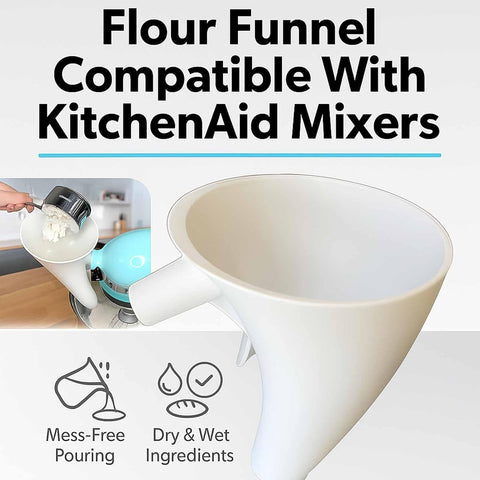 Kitchenaid Artisan KSM150 funnel fits tilt-head mixers for seamless transfer.