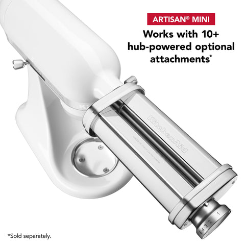 KitchenAid Artisan Mini hub and attachments area expands recipe versatility.
