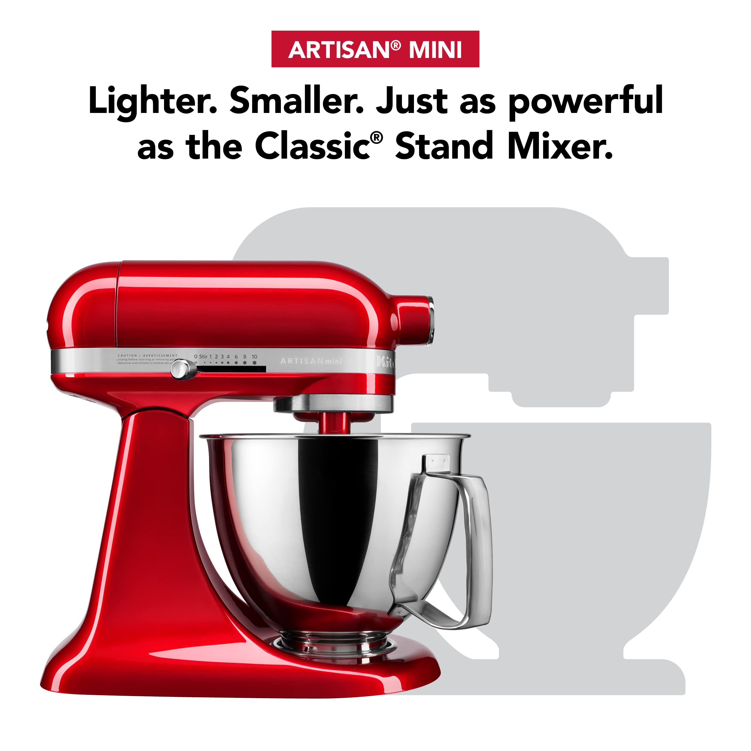 KitchenAid Artisan Mini 3.5 qt bowl ready for small-batch mixing and thorough blending.