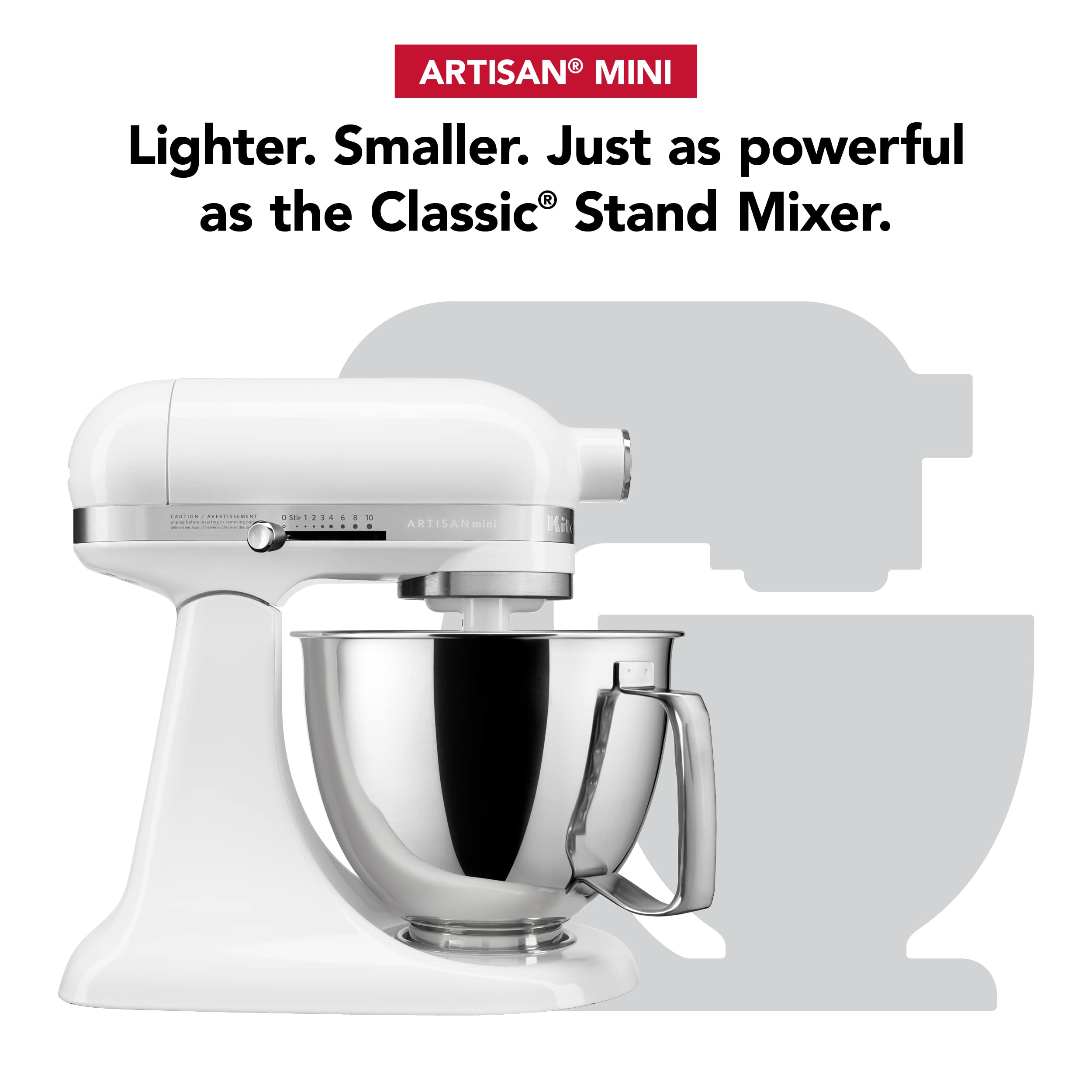 KitchenAid Artisan Mini stainless steel bowl close-up for consistent mixing.