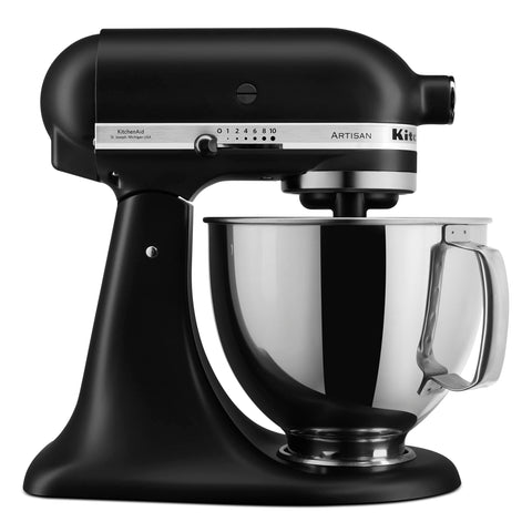 KitchenAid Artisan stand mixer matte black side view showing sturdy metal construction for daily baking