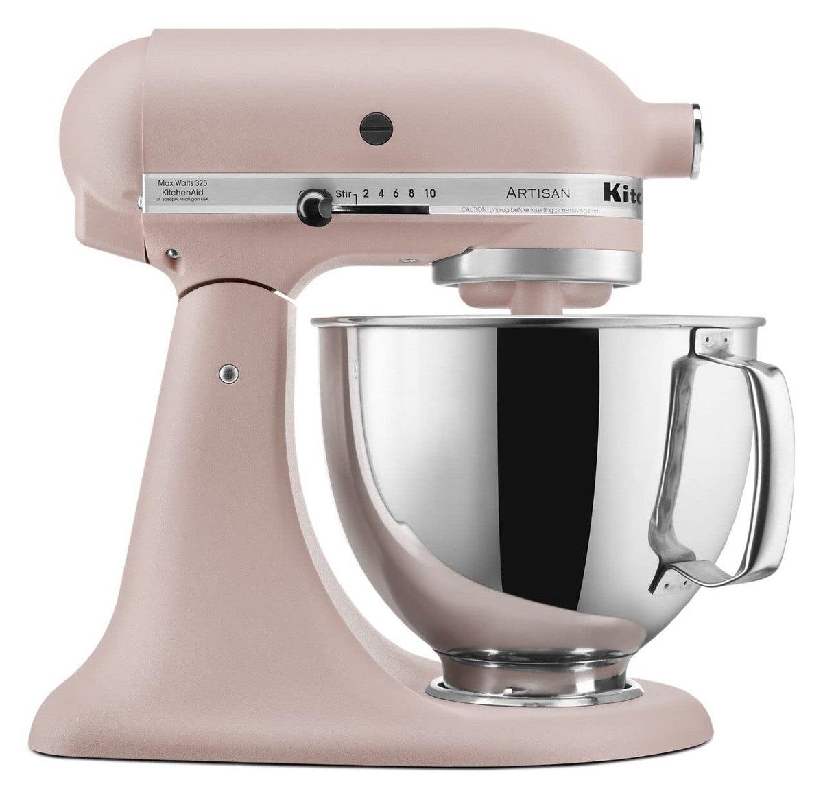 KitchenAid Artisan tilt-head mixer Feather Pink with stainless bowl for large batches.