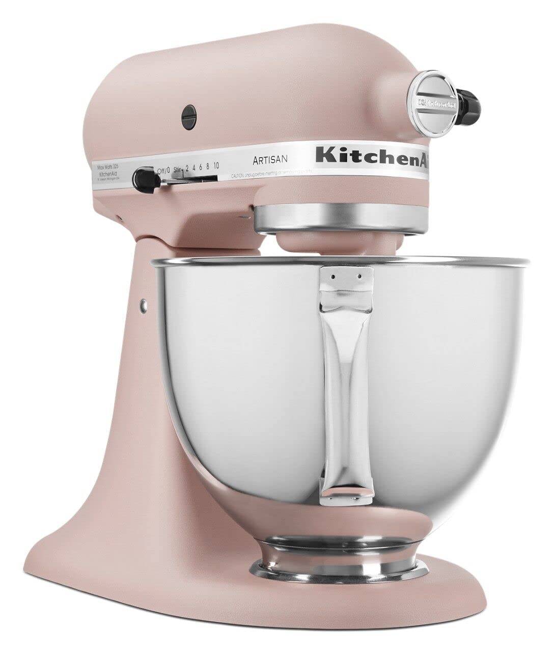Feather Pink KitchenAid mixer with pouring shield for mess-free batter pours.