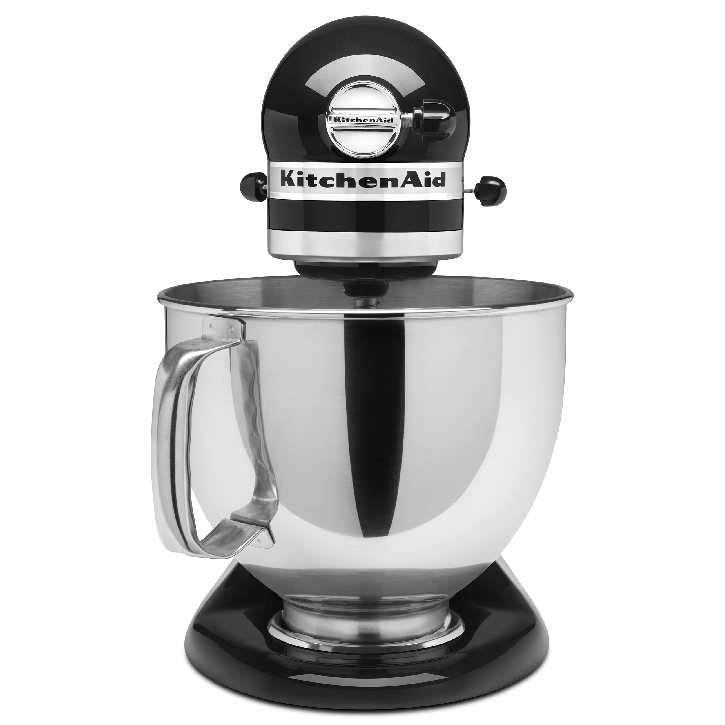 Pouring shield attached to KitchenAid Artisan tilt-head mixer for mess-free batter