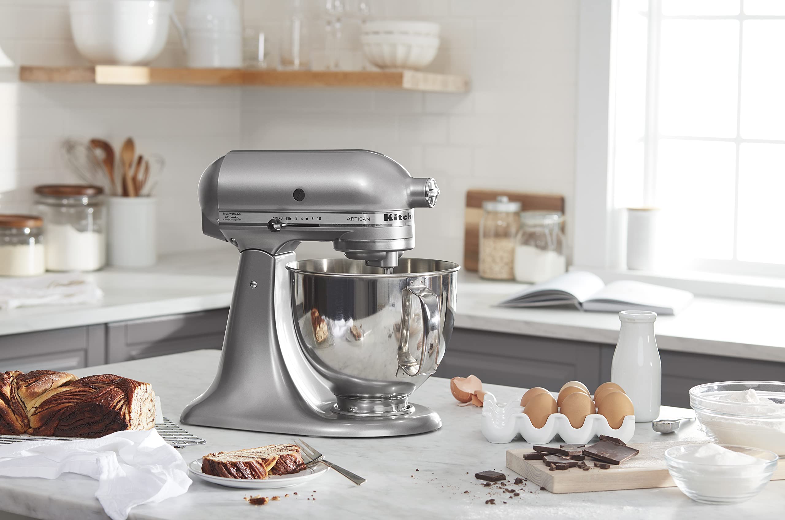 KitchenAid Artisan mixer in contour silver complements modern kitchens.