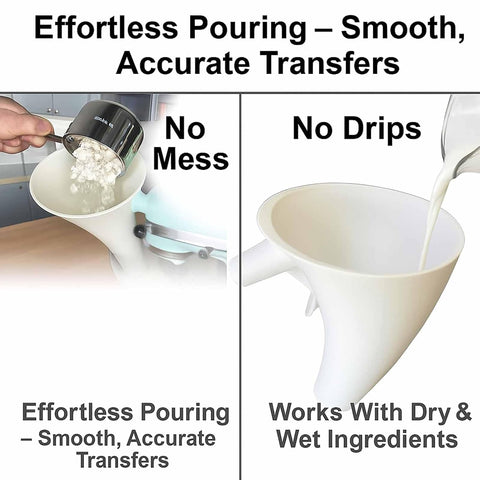 Plastic flour funnel provides spill-free pouring of dry and wet ingredients.
