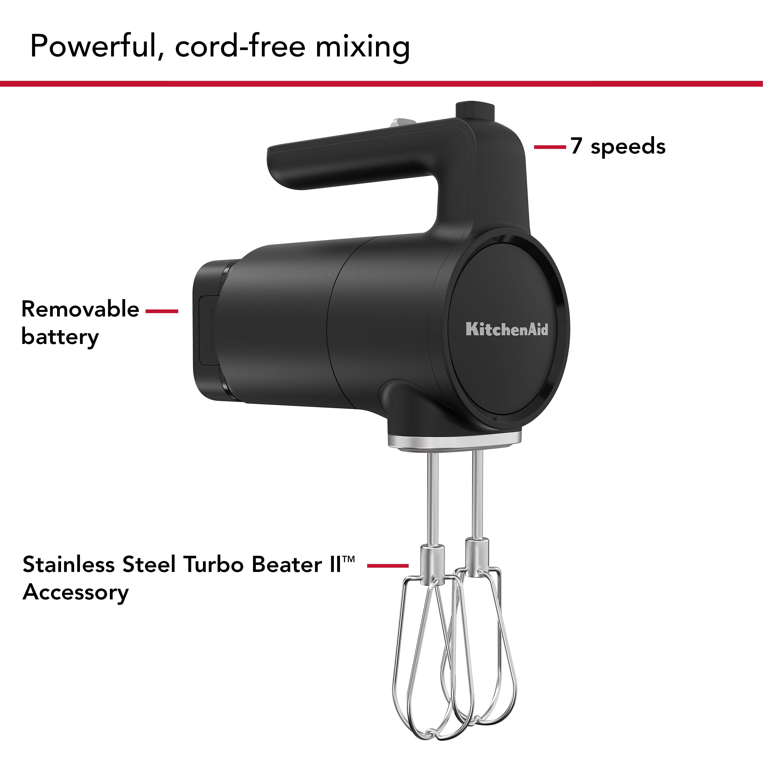KitchenAid Go cordless hand mixer standing up for easy access during prep