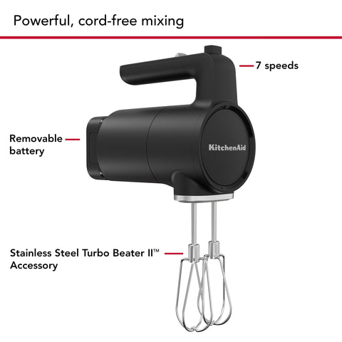 KitchenAid Go cordless hand mixer standing up for easy access during prep
