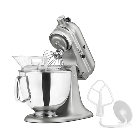 KitchenAid mixer with pouring shield keeps batter contained for smooth pouring.