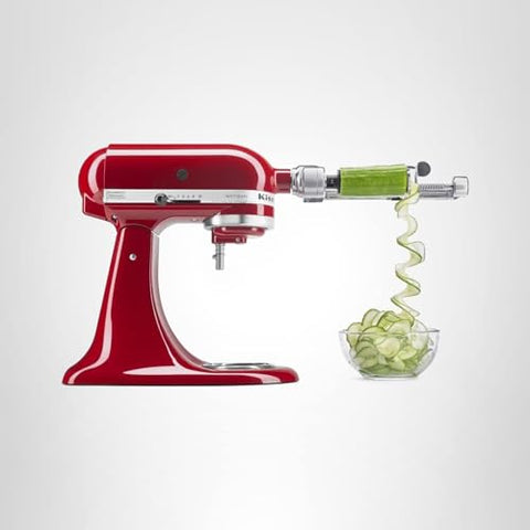 KitchenAid Spiralizer Plus attached to stand mixer hub simplifies kitchen countertop prep