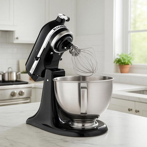 KitchenAid tilt-head stand mixer hub shows attachment compatibility for versatility.