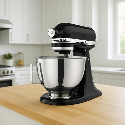 KitchenAid tilt-head stand mixer bowl with dough demonstrates kneading power.