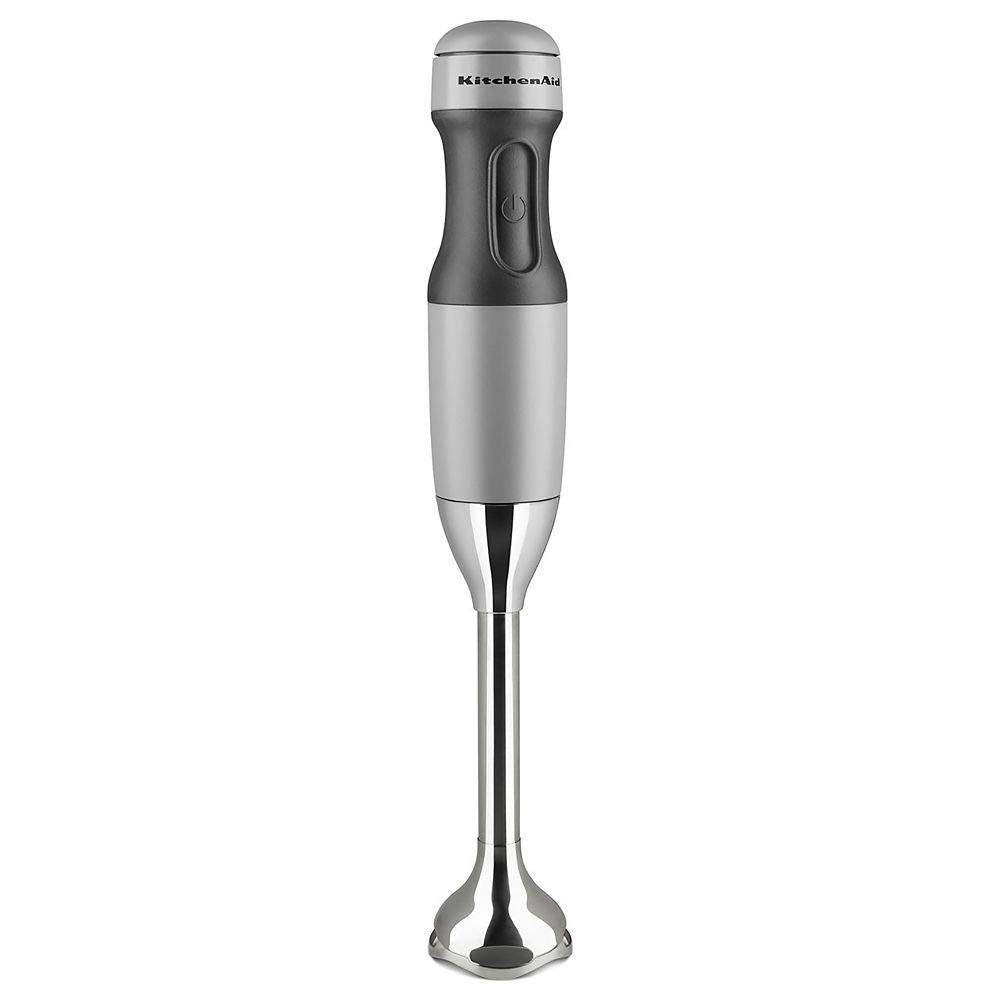 KitchenAid variable speed hand blender in matte gray with soft grip handle for smooth blending and BPA-free jar