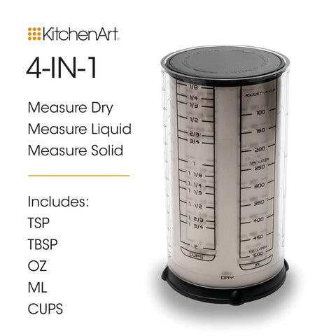 KitchenArt Pro 2-Cup Adjust-A-Cup facilitates dispensing peanut butter with the plunger.