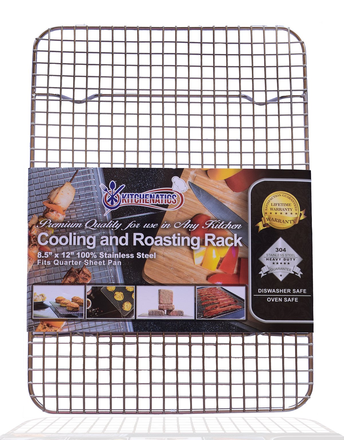 Kitchenatics quarter-sheet cooling rack in oven-safe stainless steel for even airflow.