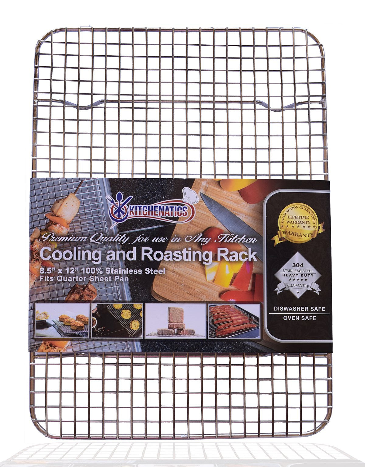 Kitchenatics quarter-sheet cooling rack in oven-safe stainless steel for even airflow.