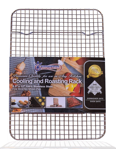 Kitchenatics quarter-sheet cooling rack in oven-safe stainless steel for even airflow.
