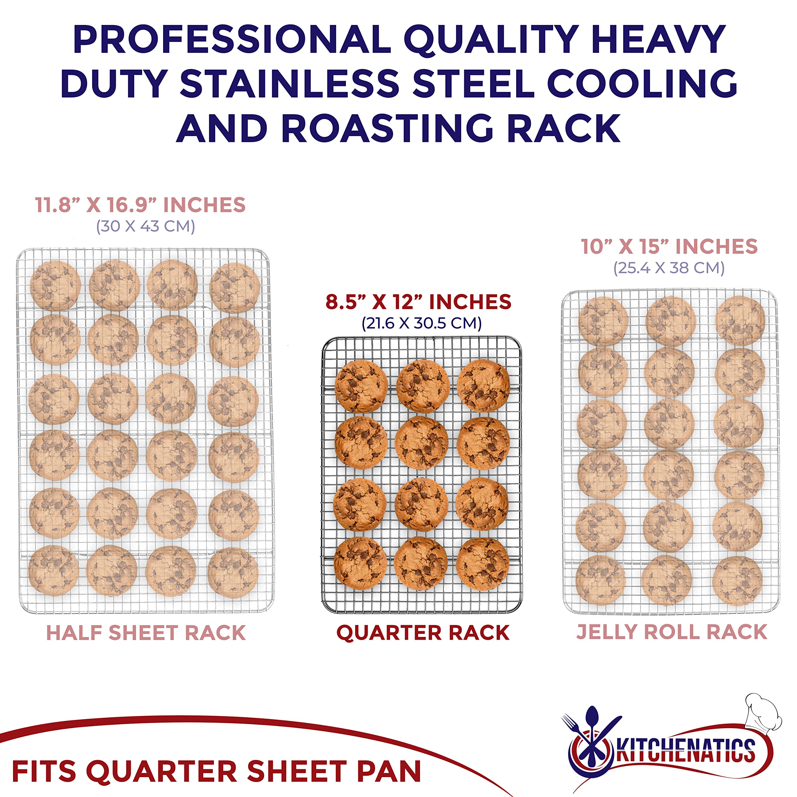 Kitchenatics oven-safe wire rack supports up to 45 lbs for baking, roasting, and grilling.
