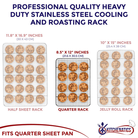Kitchenatics oven-safe wire rack supports up to 45 lbs for baking, roasting, and grilling.