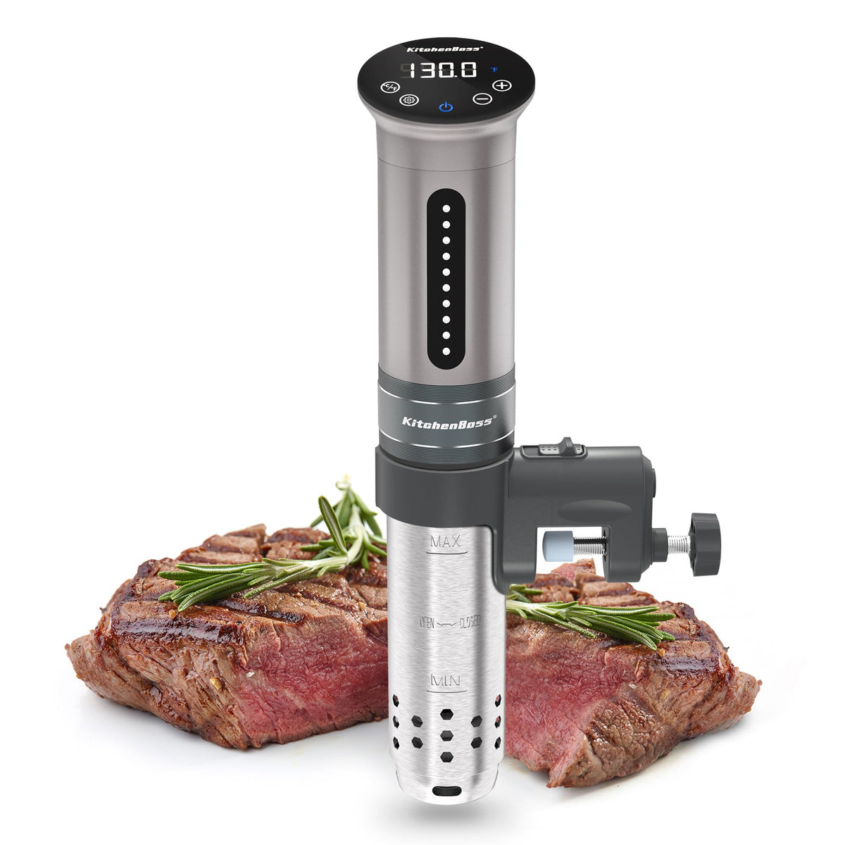 KitchenBoss sous vide cooker control panel shows precise digital temperature and time settings for reliable meals.