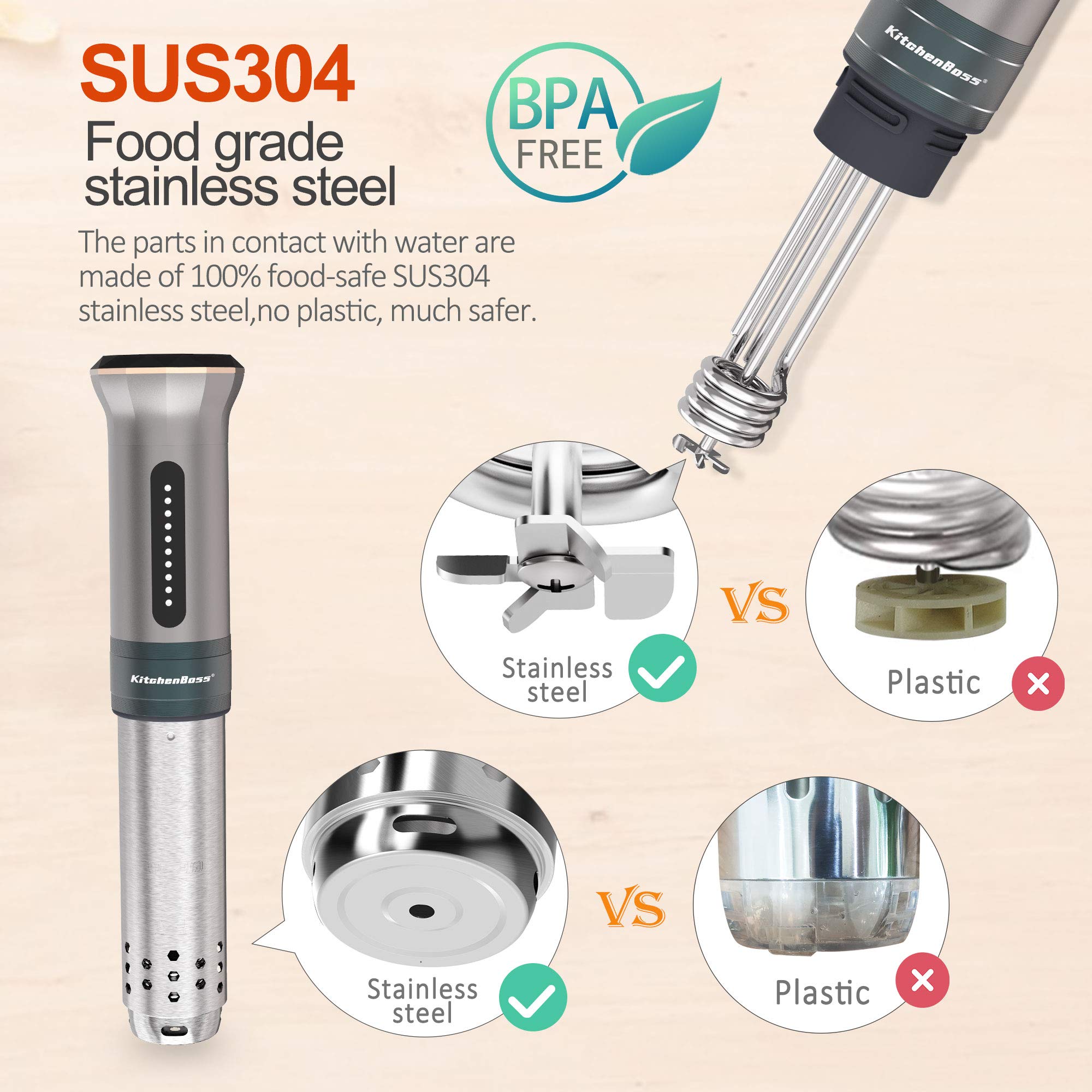KitchenBoss sous vide cooker stainless steel body for durability and safety