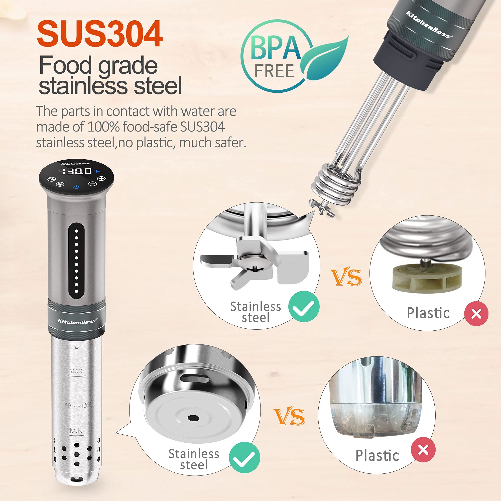 KitchenBoss sous vide cooker stainless steel body delivers durable, hygienic cooking without plastic parts.