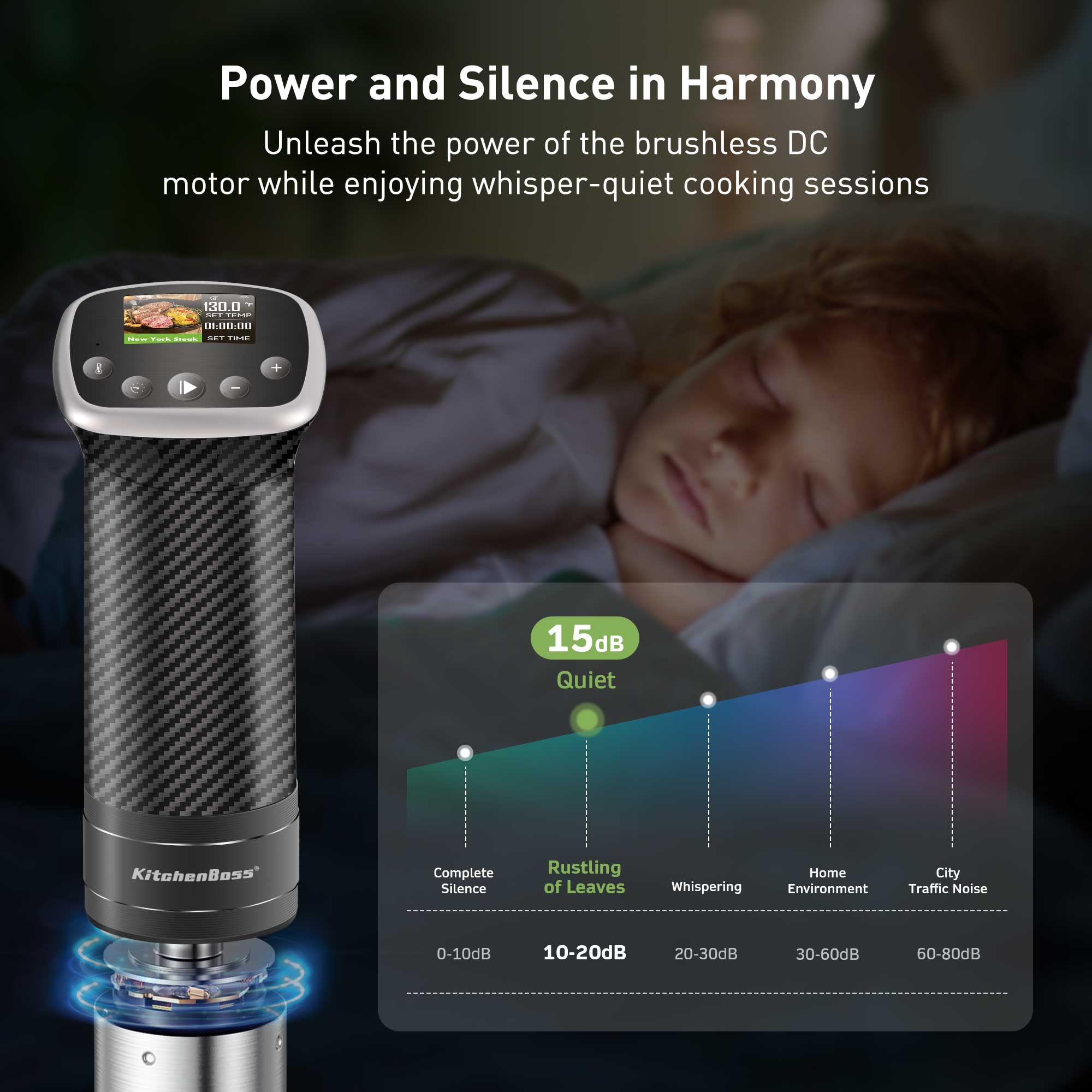 KitchenBoss wifi sous vide cooker brushless motor delivers quiet, steady performance