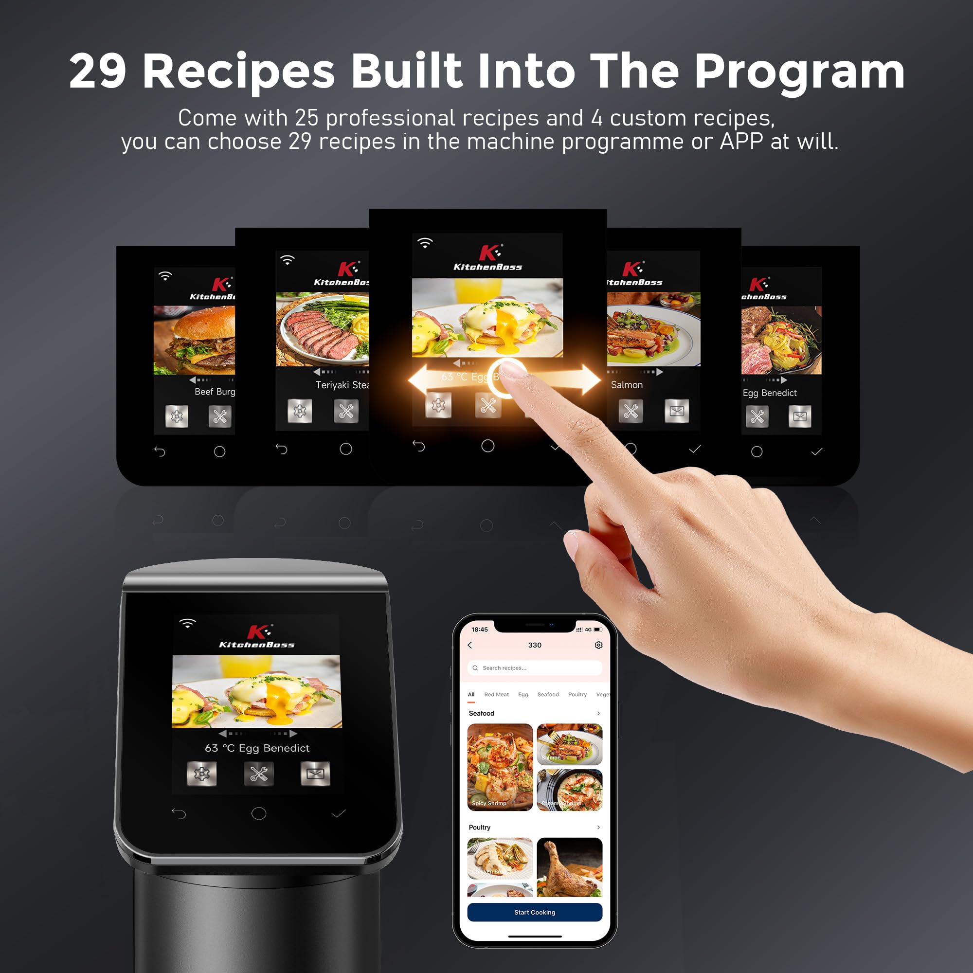 KitchenBoss LCD display with preset recipes guides perfect cooking decisions.