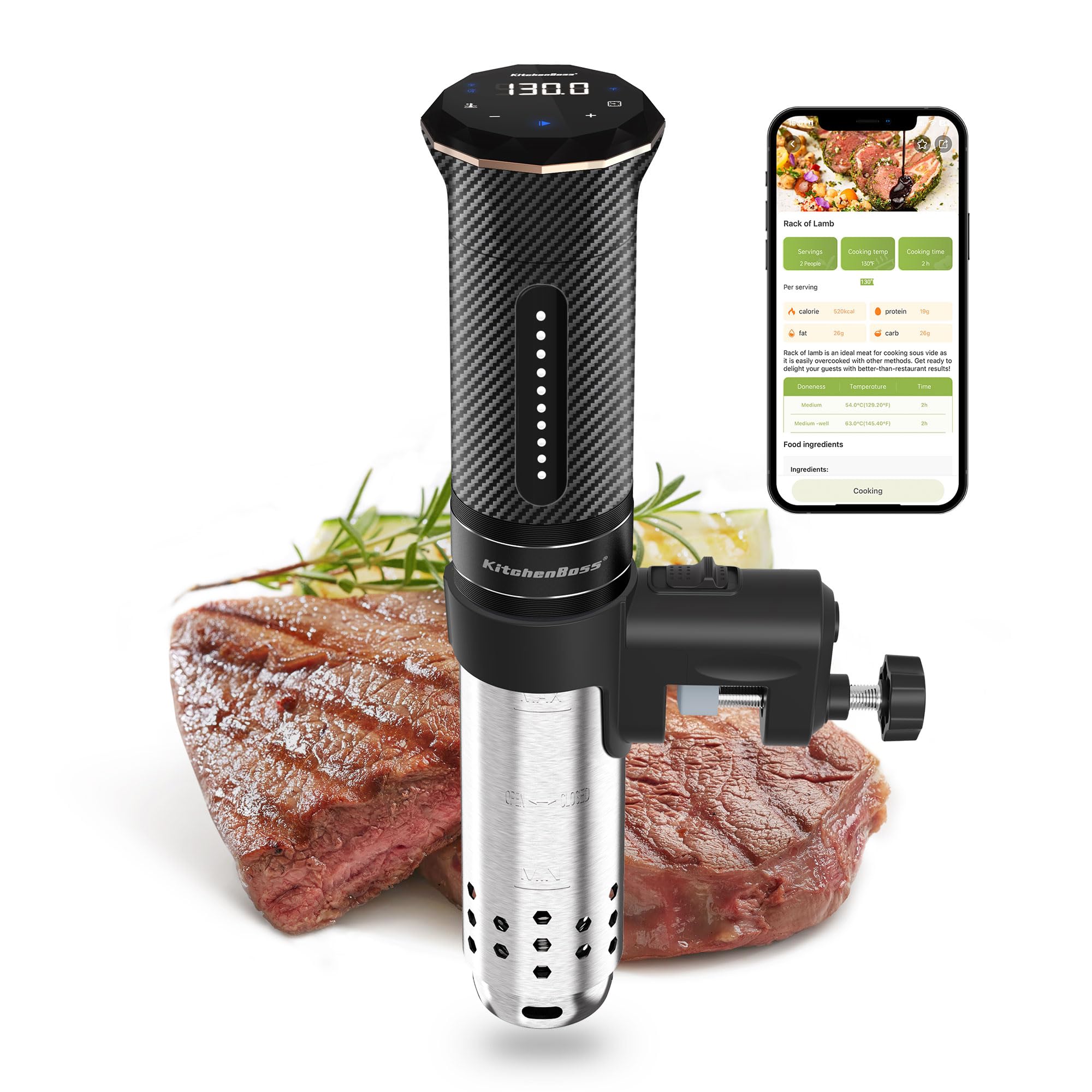 KitchenBoss wifi sous vide cooker front view shows sturdy stainless steel for durable, reliable cooking.