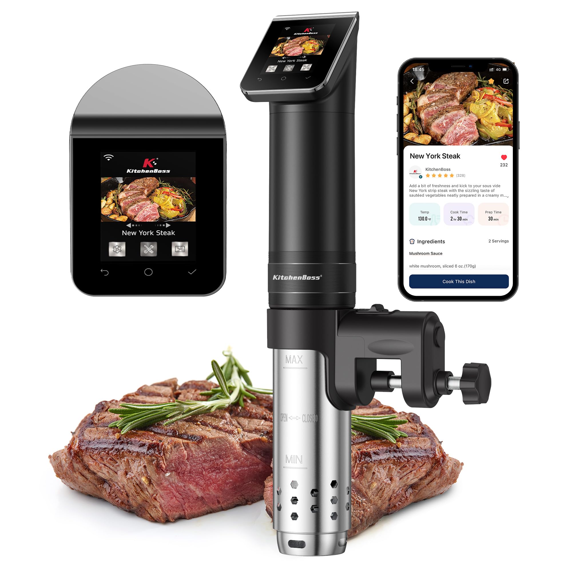 KitchenBoss wifi sous vide cooker front view for precise, quiet heating.