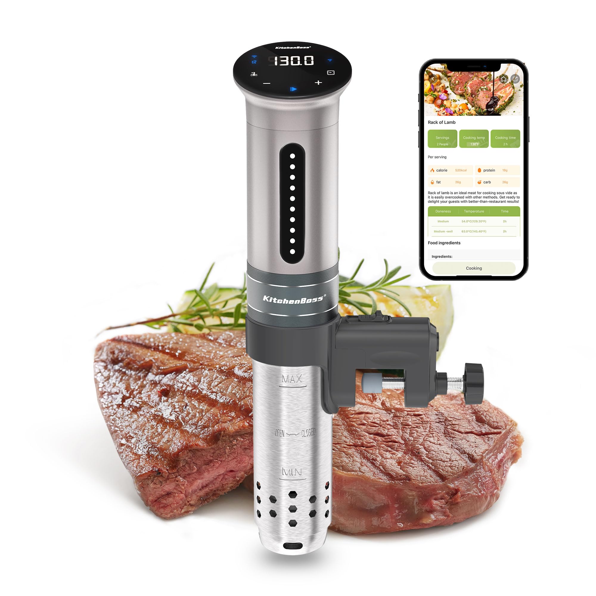 KitchenBoss wifi sous vide cooker immersed in water for precise temperature control