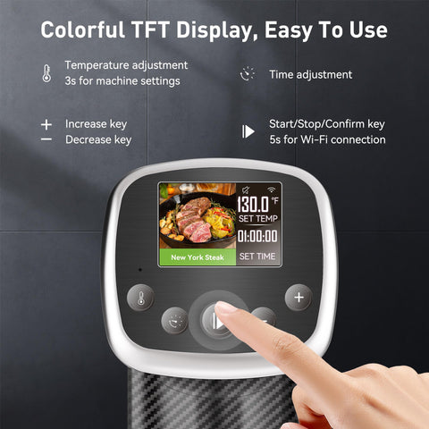 KitchenBoss wifi sous vide cooker with TFT display shows temps and recipes
