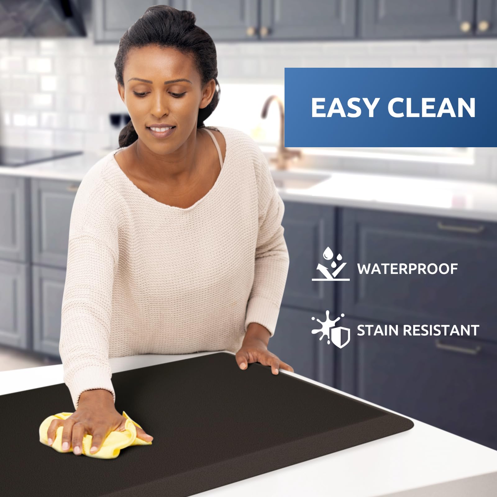KitchenClouds anti-slip bottom kitchen mat stays in place to reduce slips during prep.