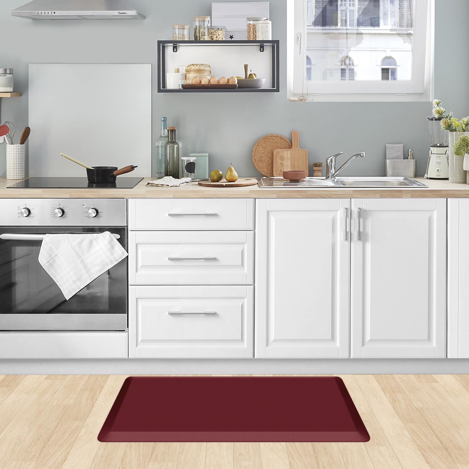 KitchenClouds red kitchen mat blends with any décor.