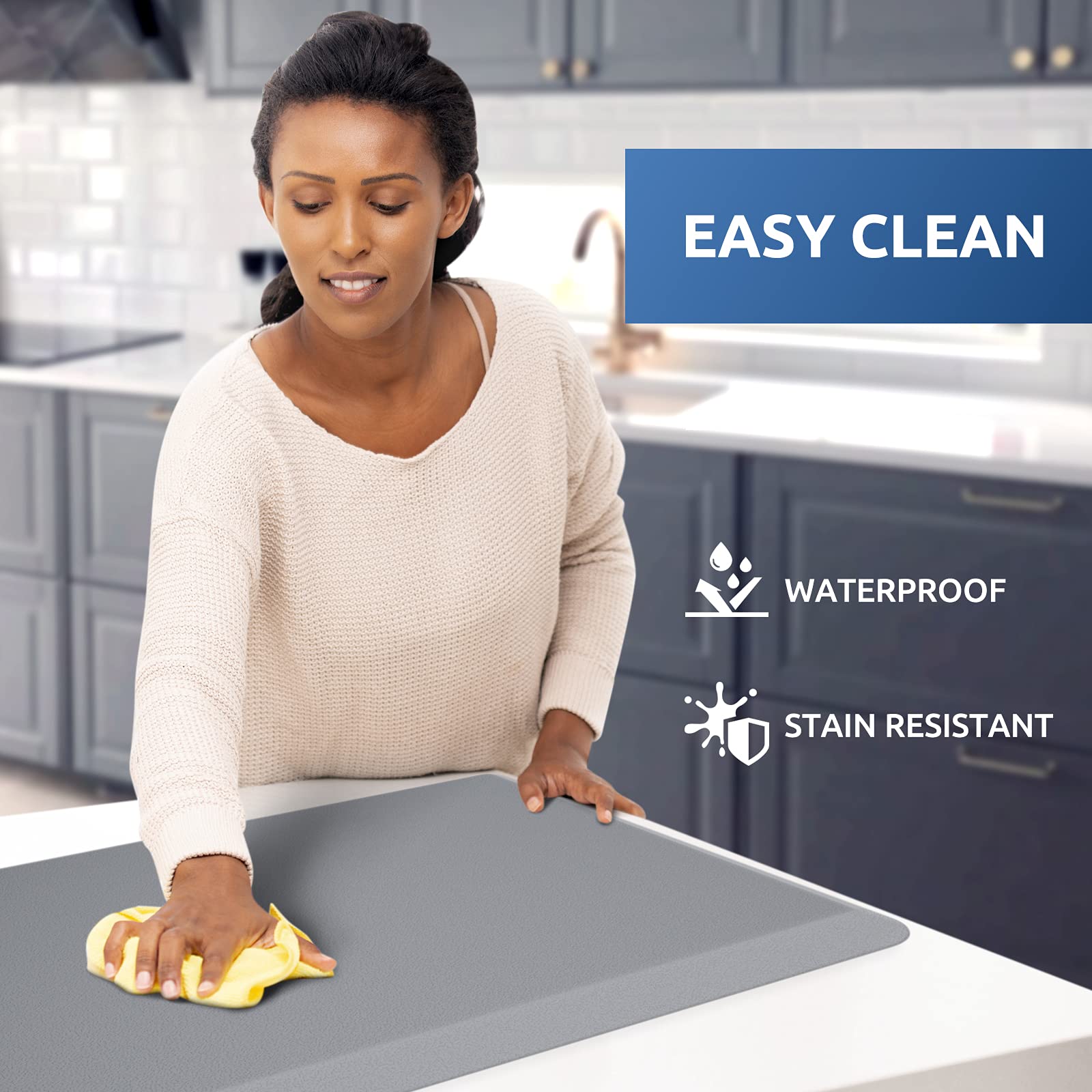 KitchenClouds diamond-bottom anti-slip design keeps the rug in place.