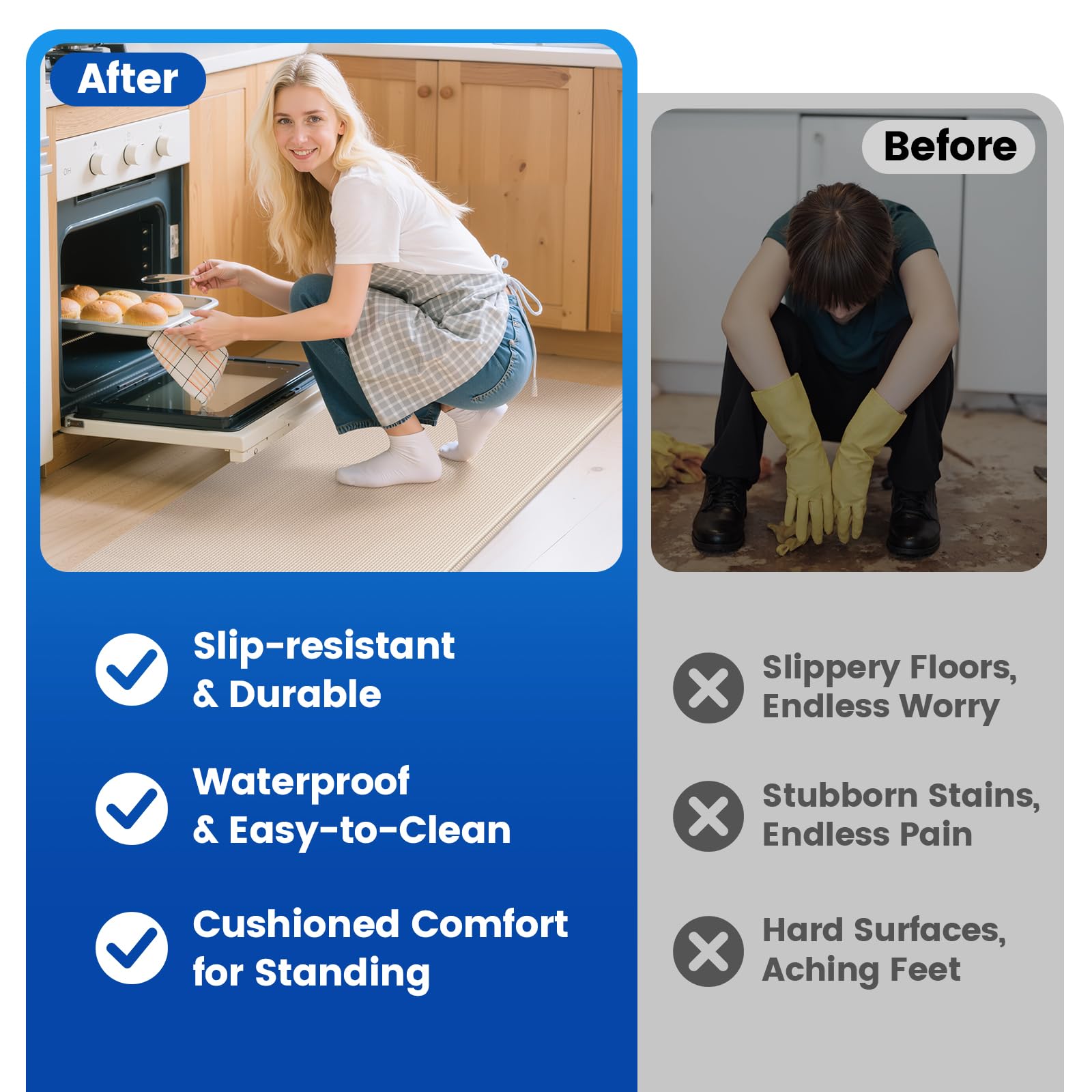 KitchenClouds cushioned mats offer floor protection under heavy traffic.